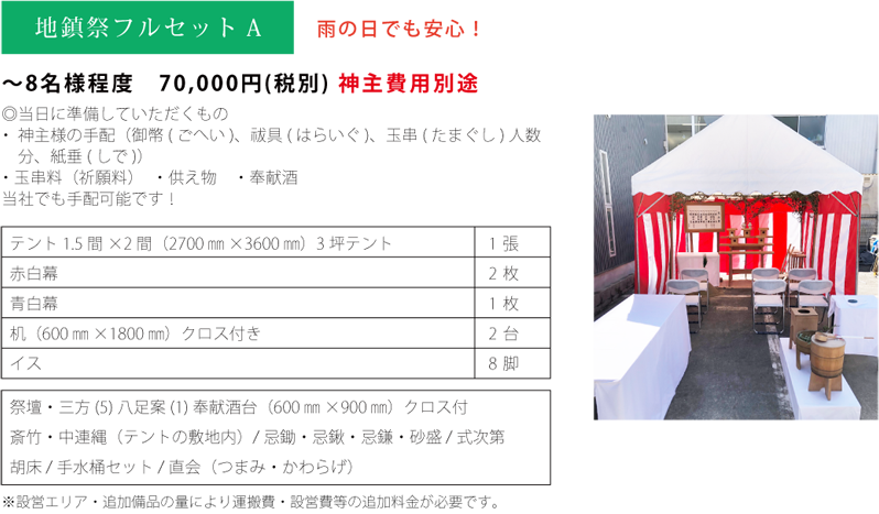 地鎮祭フルセットA ～8名様程度 70,000円(税別)　テント1.5×2間、赤白幕、机、パイプイス+地鎮祭セット（神主手配別途）
